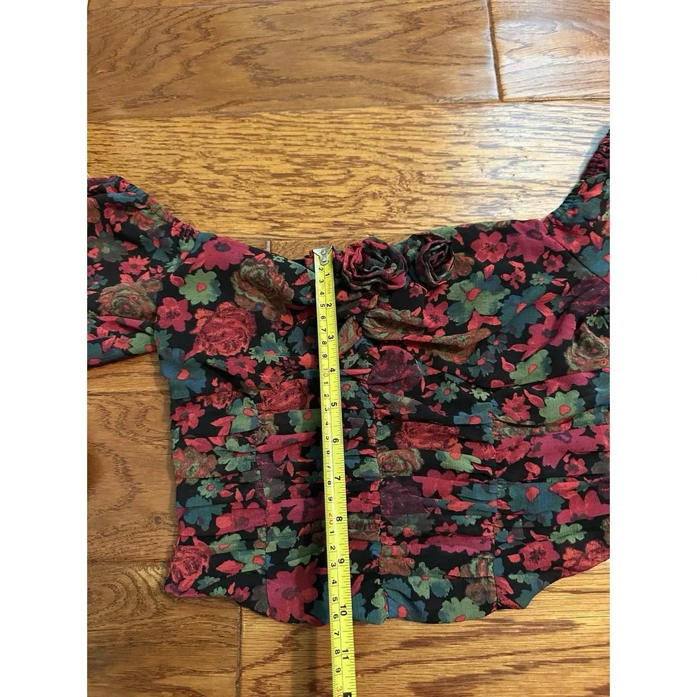 Free People Floral Off Shoulder Crop Top S 3D Rosette Ruched Long Sleeve